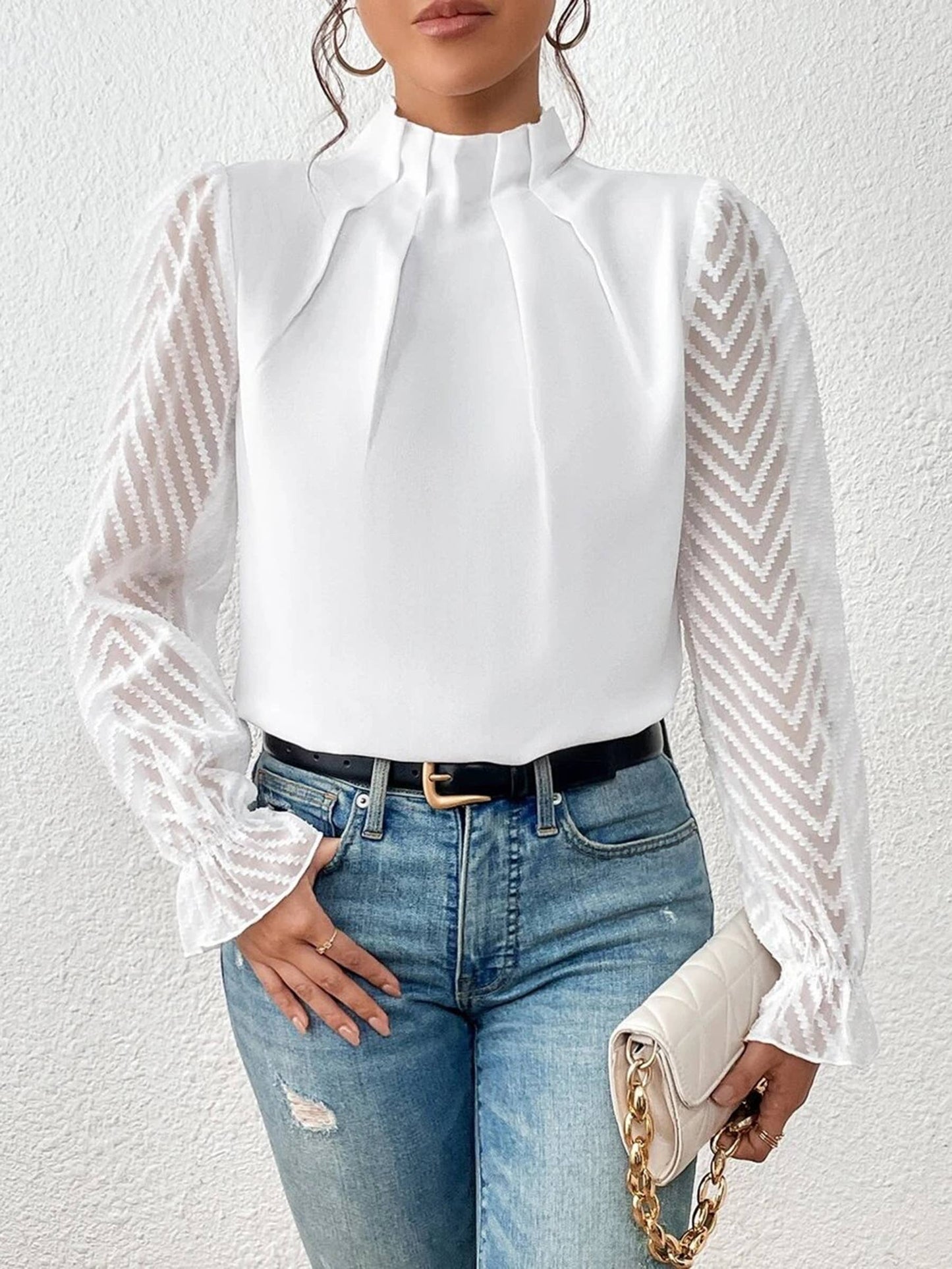 Women's Long Puff Sleeve Mock Neck Wave Chiffon Blouse Tops: Apricot