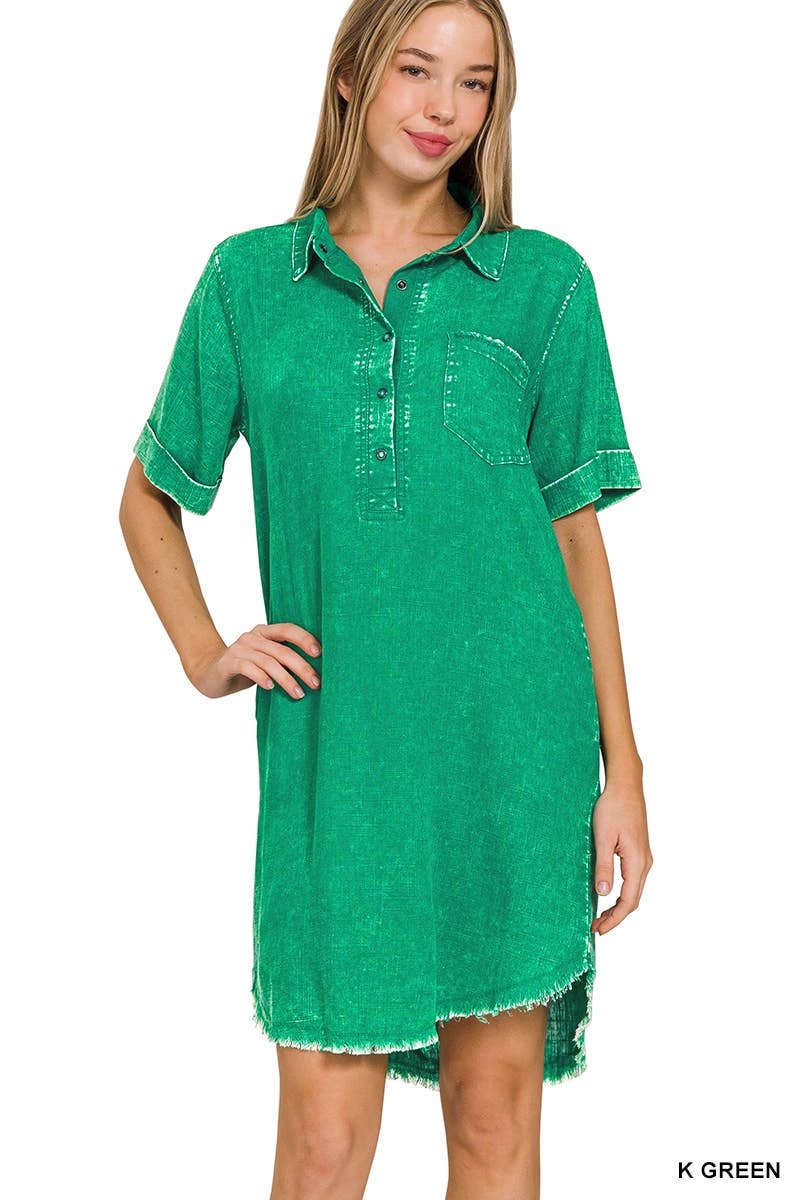 Washed Linen Raw Edge Button Down V Neck Dress