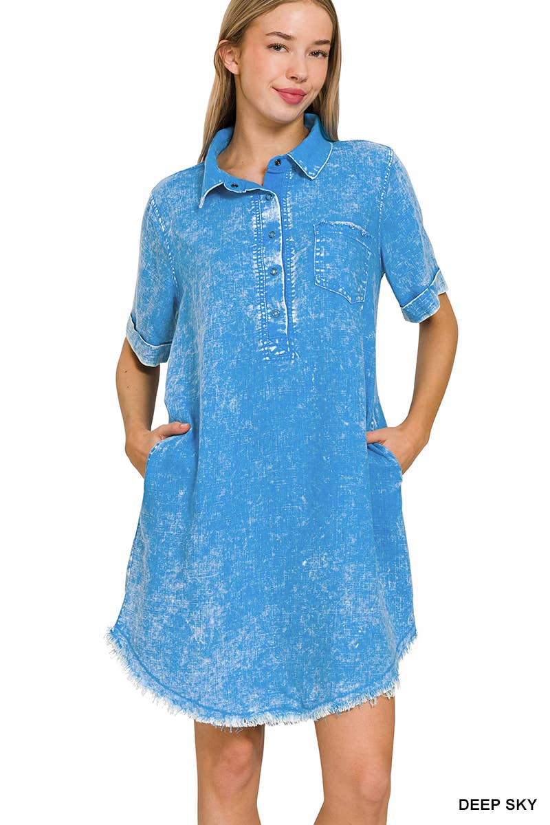 Washed Linen Raw Edge Button Down V Neck Dress