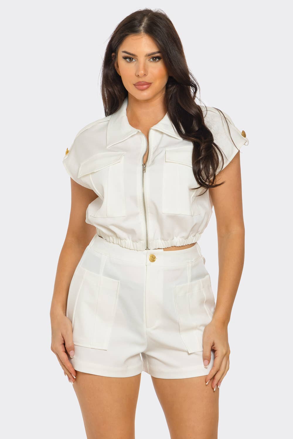 - Front Zip Up Side Pockets Top And Shorts Set : Khaki