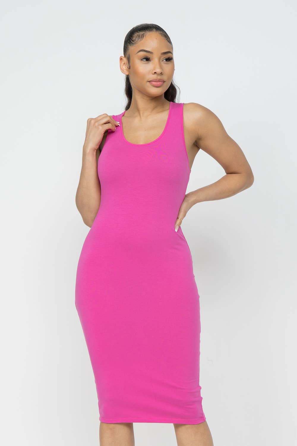 Julia by LoveJ - Cotton Spandex Solid Sleeveless Tank Bodycon Midi Dress: Red / 1-2-2-1 (S-M-L-XL)