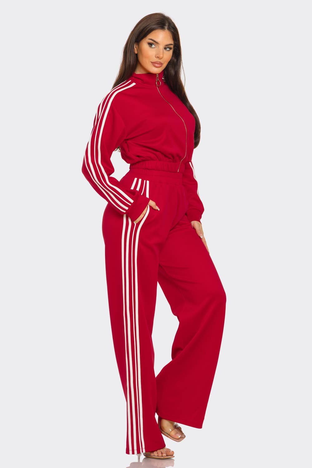 WHITE Side Stripe Tapping Details Zip Up Jacket and Pant Set