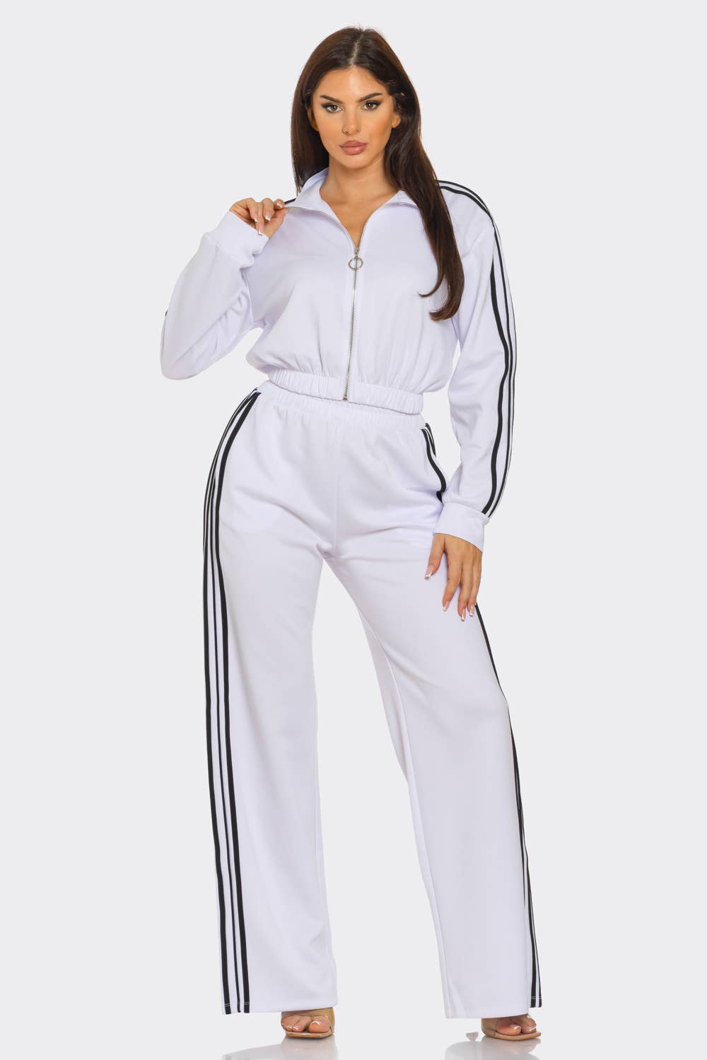 WHITE Side Stripe Tapping Details Zip Up Jacket and Pant Set
