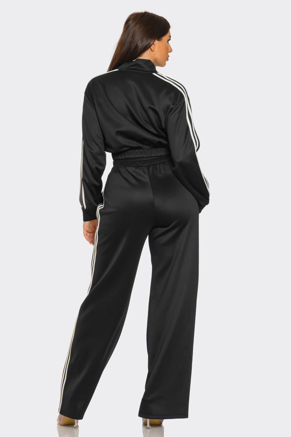 WHITE Side Stripe Tapping Details Zip Up Jacket and Pant Set