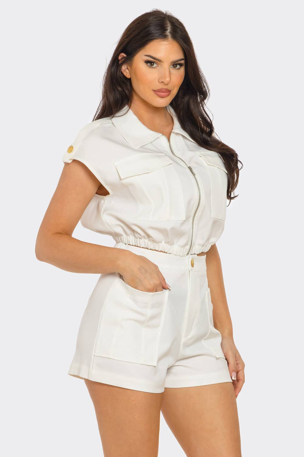 - Front Zip Up Side Pockets Top And Shorts Set : Khaki