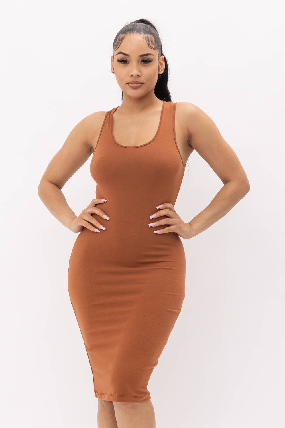 Julia by LoveJ - Cotton Spandex Solid Sleeveless Tank Bodycon Midi Dress: Red / 1-2-2-1 (S-M-L-XL)