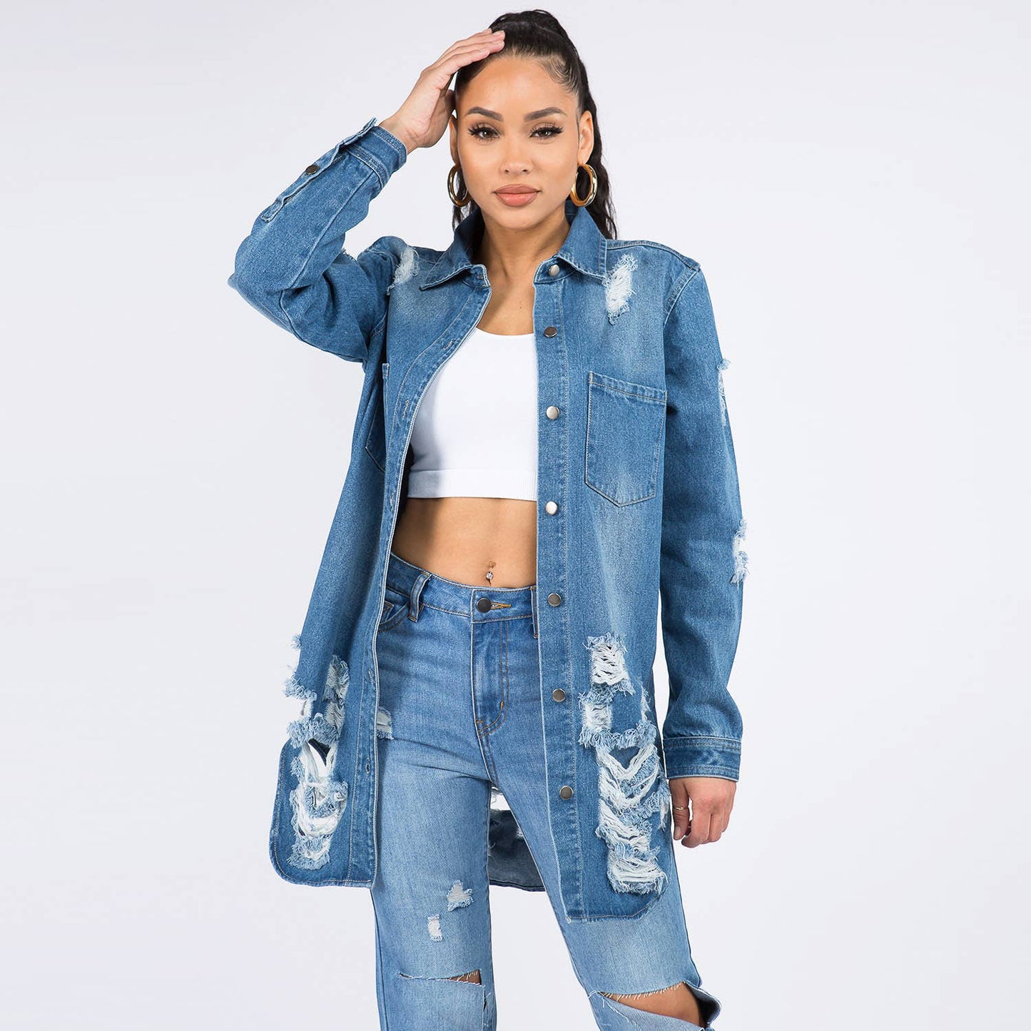 WHITE- LONG LENGTH DENIM SHIRTS JACKET