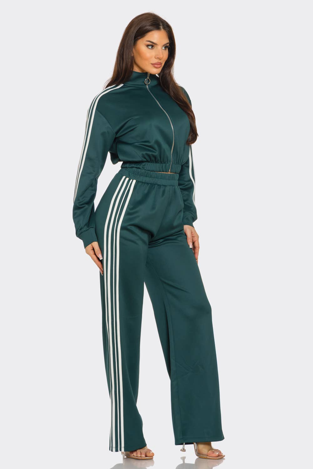 WHITE Side Stripe Tapping Details Zip Up Jacket and Pant Set