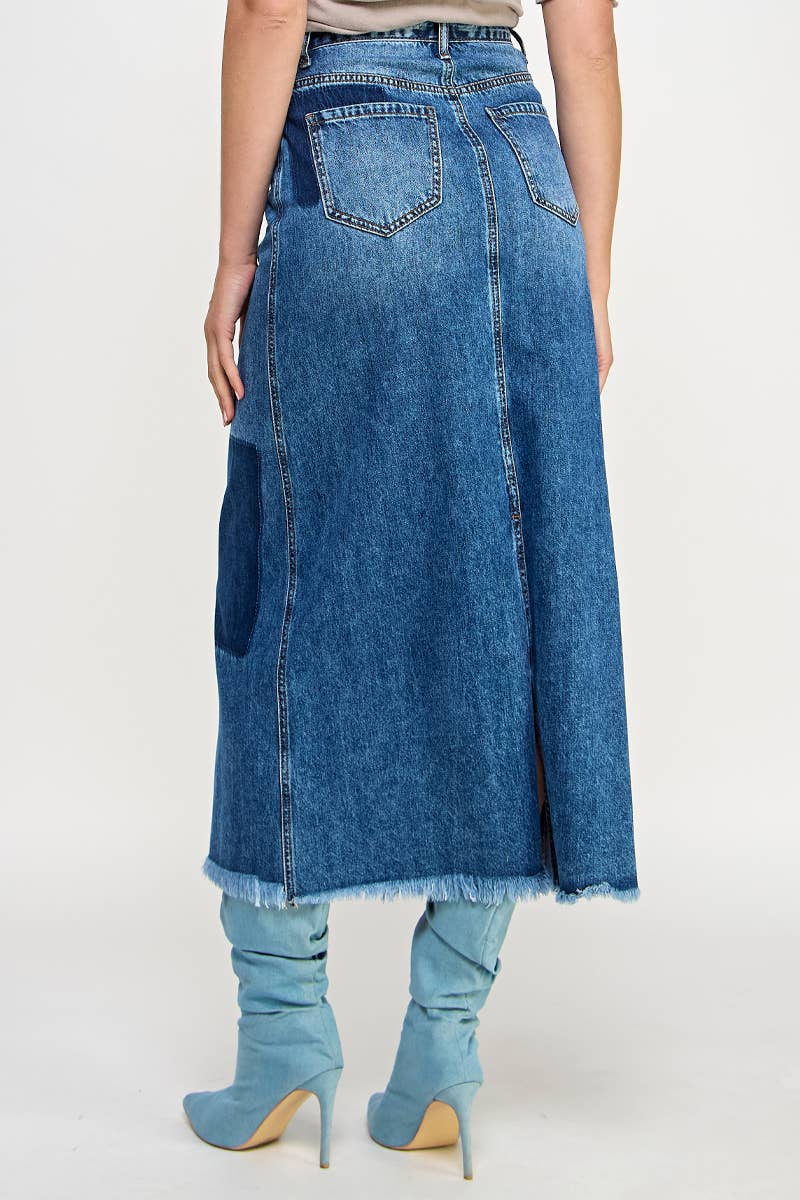 HIGH RISE FLARED MAXI SKIRT - Patchwork Design: DARK DENIM