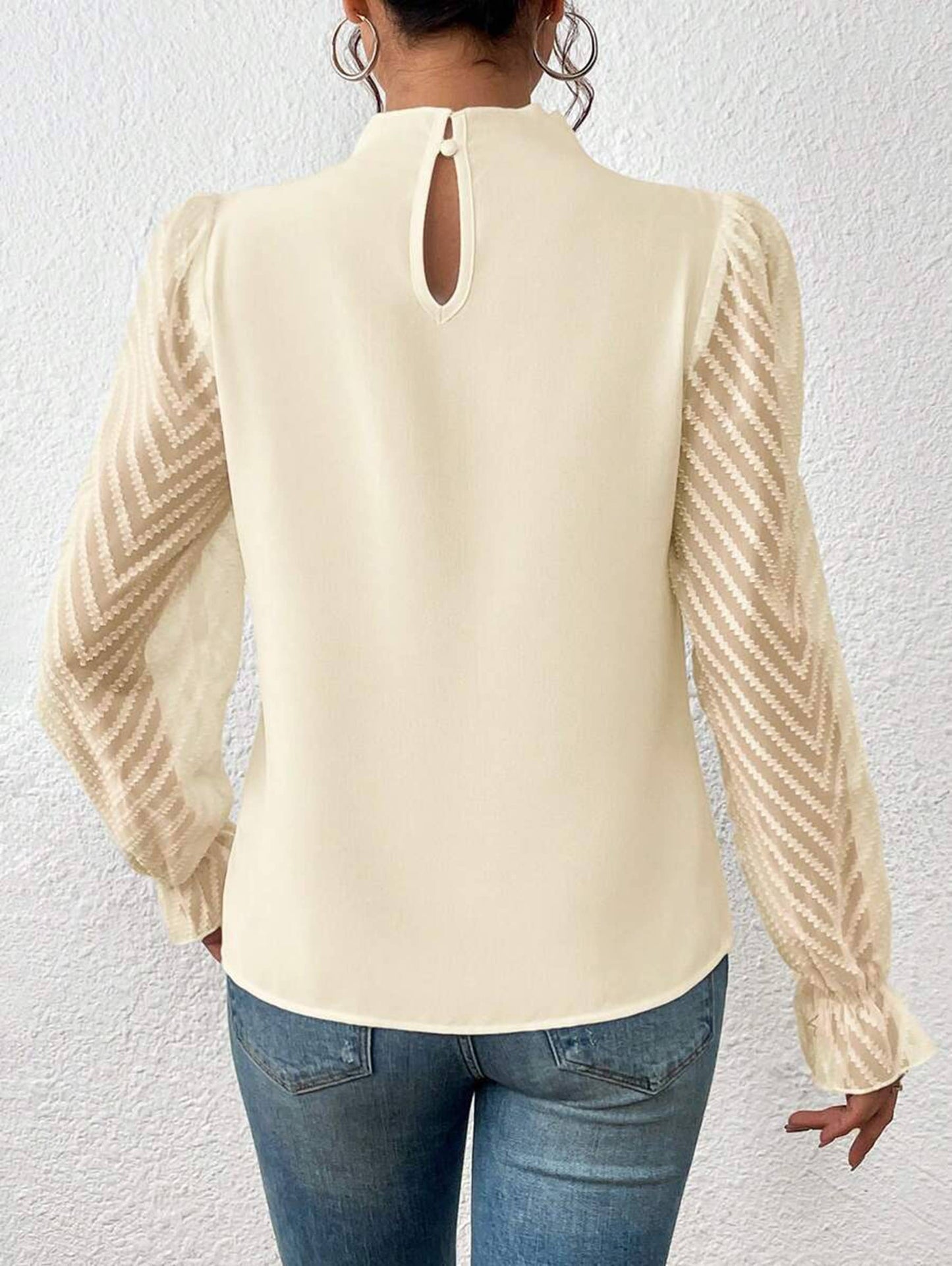 Women's Long Puff Sleeve Mock Neck Wave Chiffon Blouse Tops: Apricot
