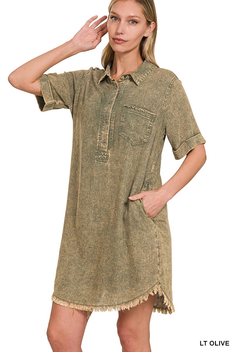 Washed Linen Raw Edge Button Down V Neck Dress