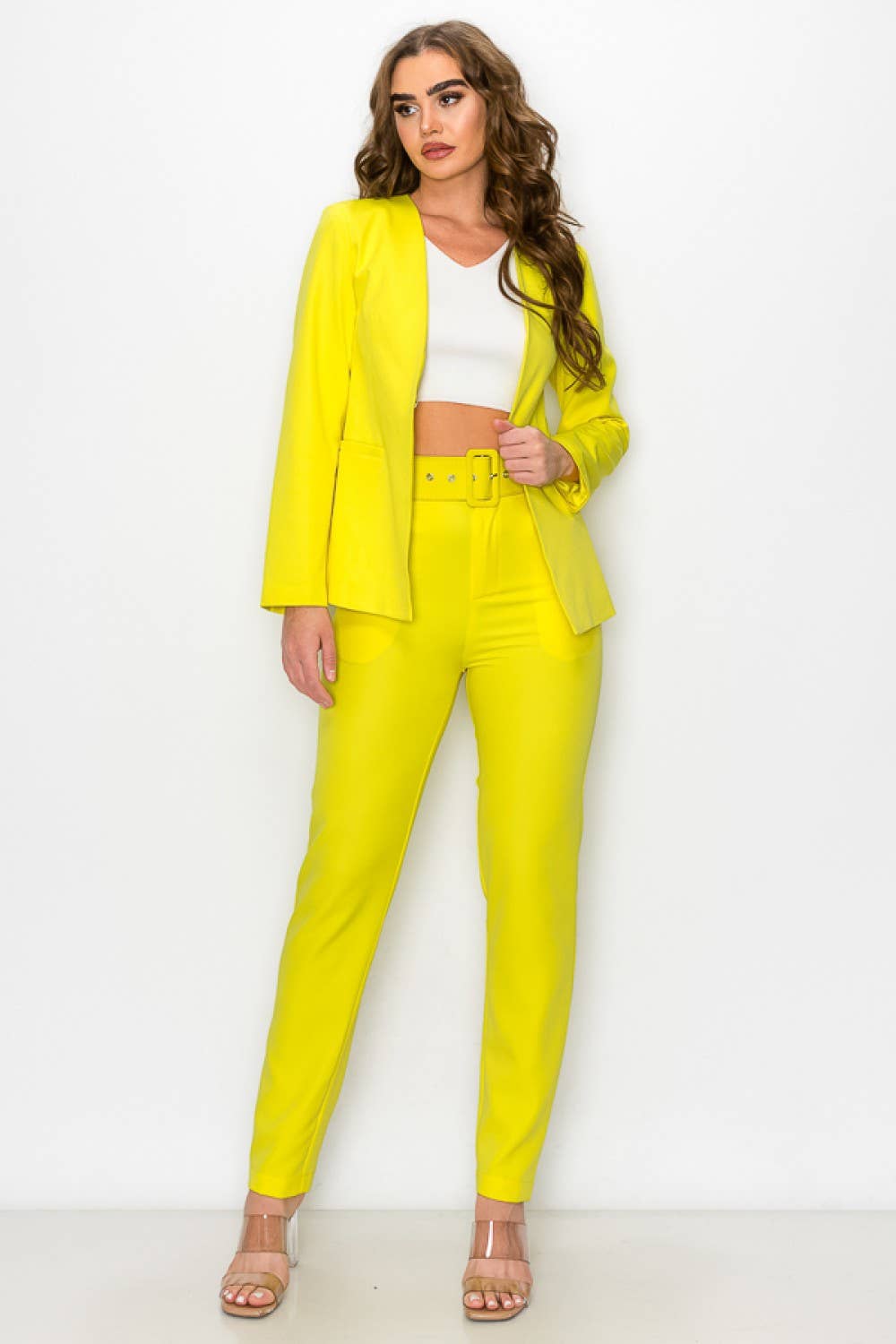 RIVIR - SOLID COLLARLESS BLAZER PANTS SET W BELT-AS515S