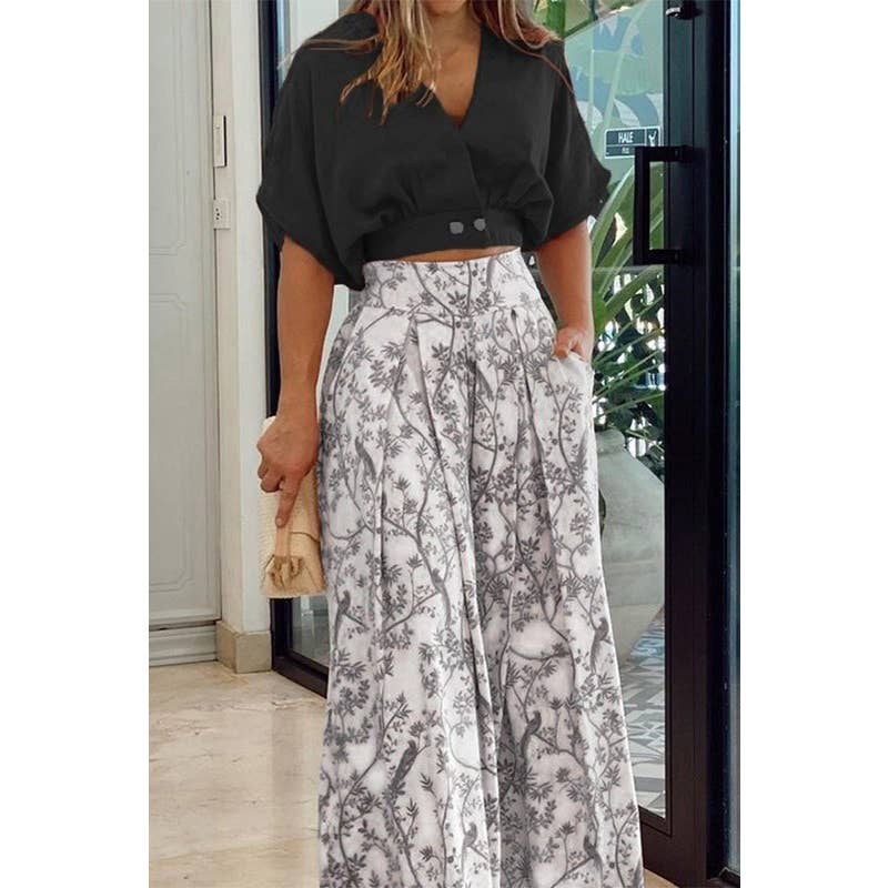 Paperdoll - V-neck Short Shirt Wide-Leg Pants