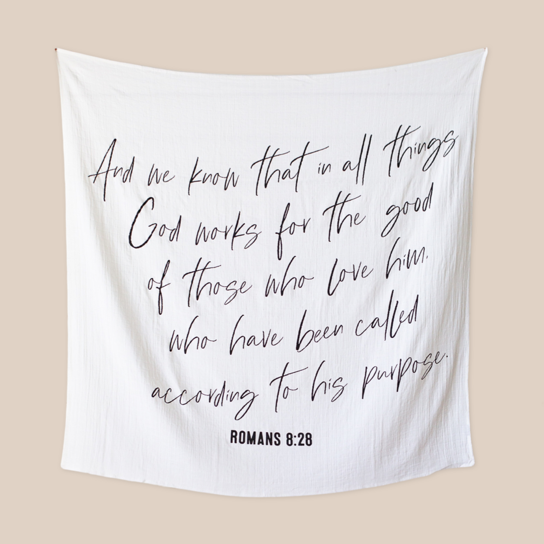 Modern Burlap - Organic Swaddle Blanket- Romans 8:28