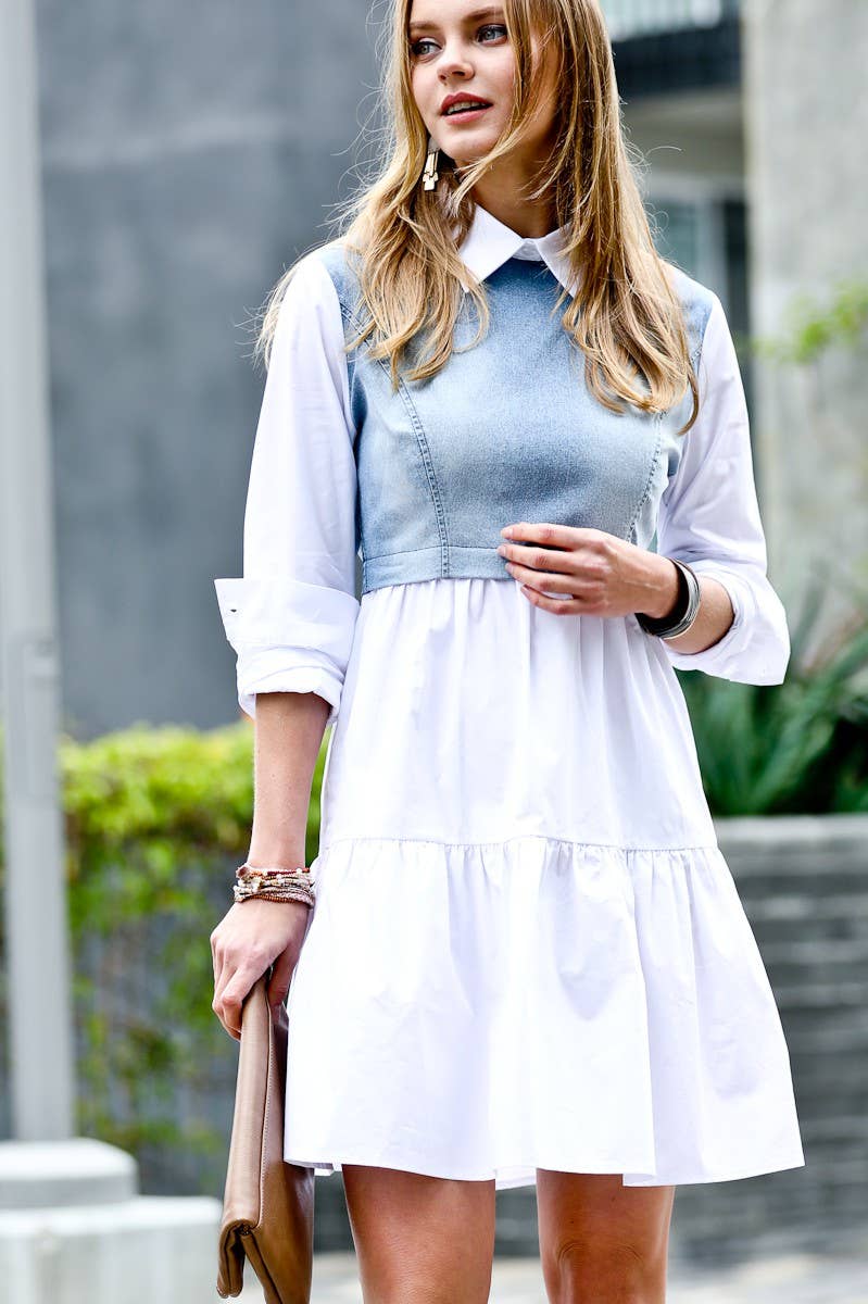 42POPS - SC141574 Washed denim contrast poplin dress