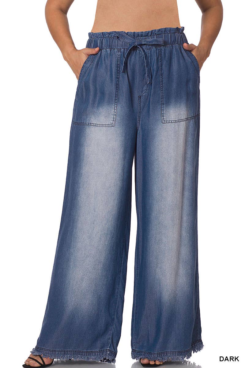 PLUS SIZE CHAMBRAY PAPERBAG WAIST WIDE LEG PANTS WITH PO