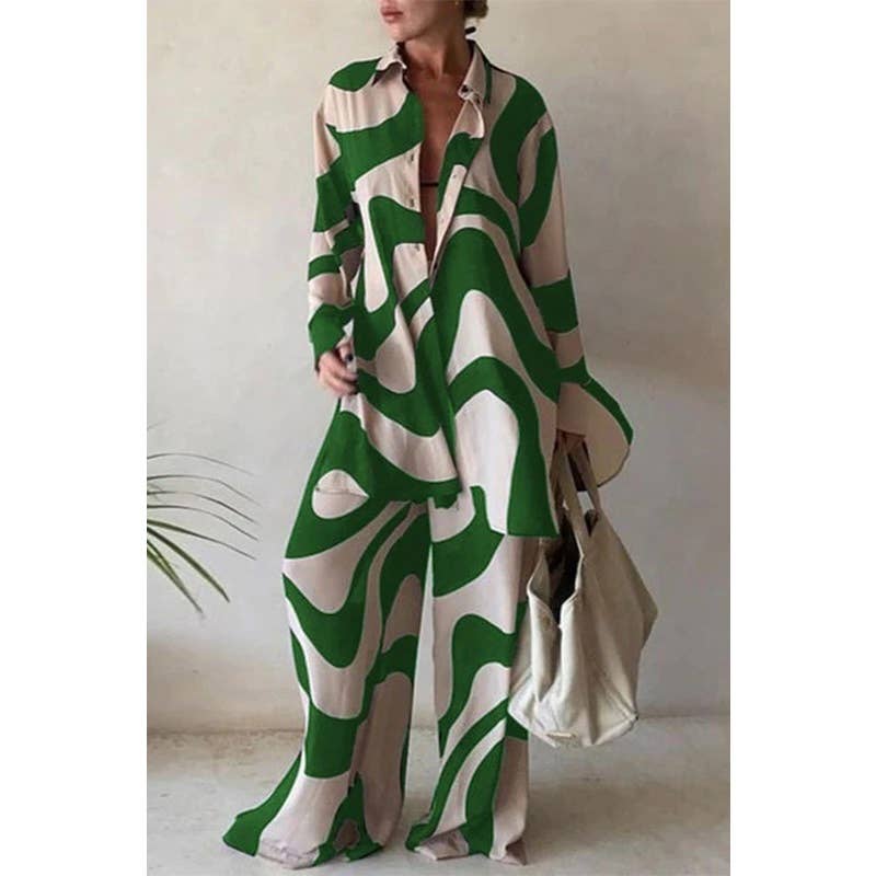Paperdoll - Printed Loose Shirt Straight-Leg Trousers Set