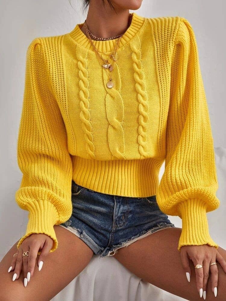 CWOSWL0805_ Long Sleeve Loose Neck Pullover Sweater: Yellow / (L) 1