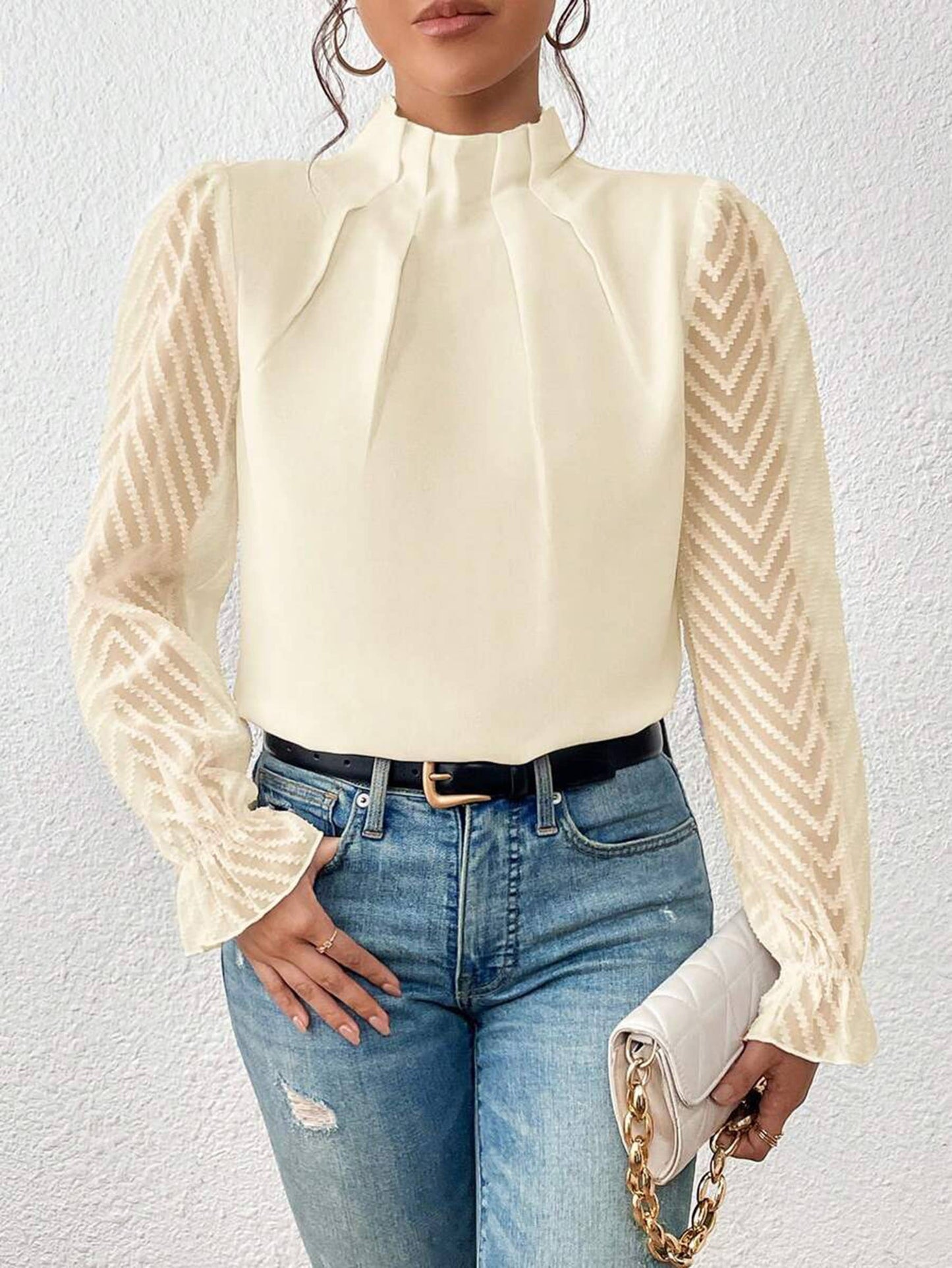Women's Long Puff Sleeve Mock Neck Wave Chiffon Blouse Tops: Apricot
