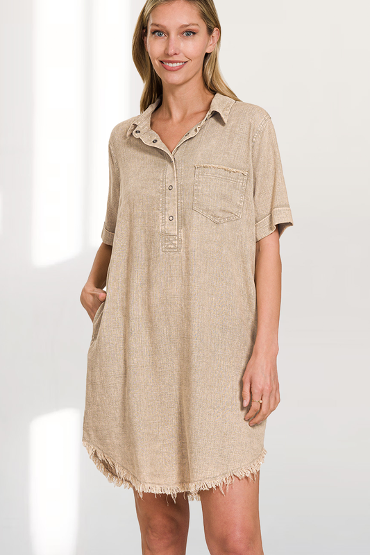 Washed Linen Raw Edge Button Down V Neck Dress