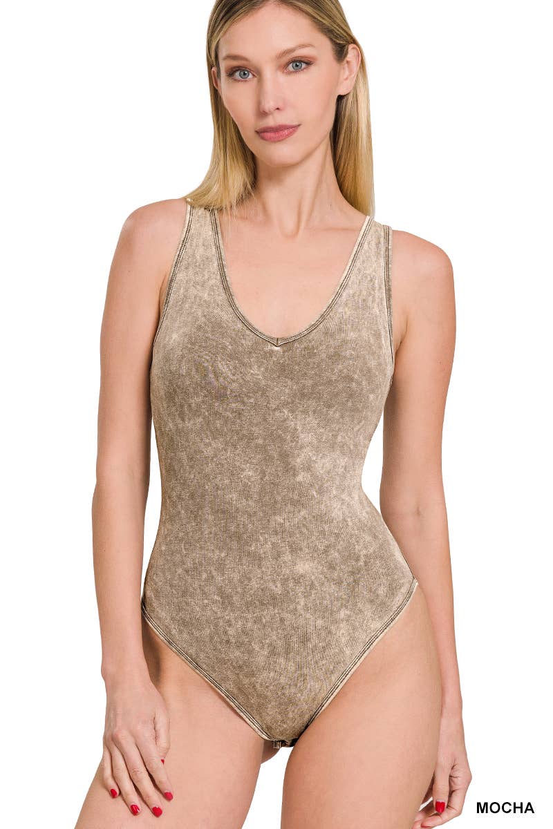 Mocha Washed Cotton Bodysuit w/ snap button closure: