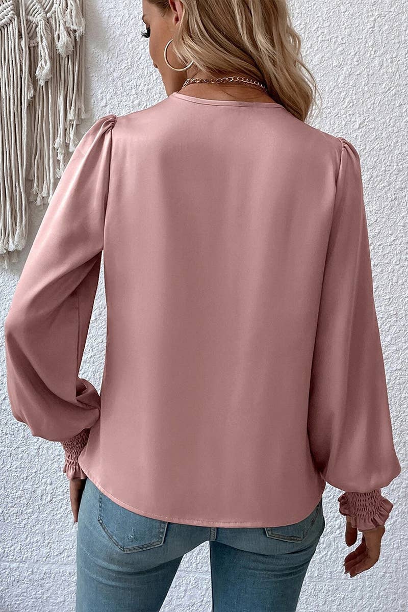 WOMEN CROSS WRAP RIBBED SLEEVE BLOUSE TOP: APRICOT