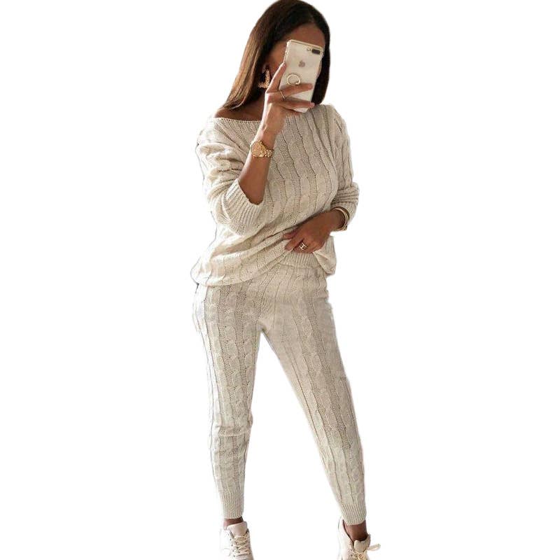 Cable Crew Neck Pullover Pants sweater Set: Green