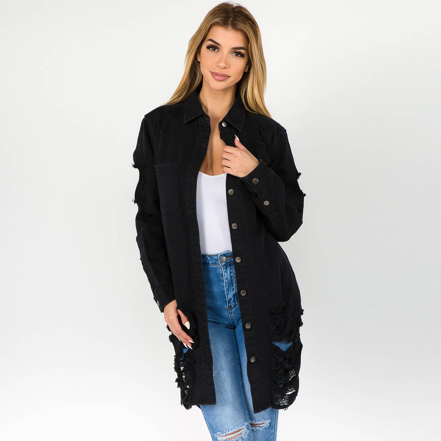 WHITE- LONG LENGTH DENIM SHIRTS JACKET