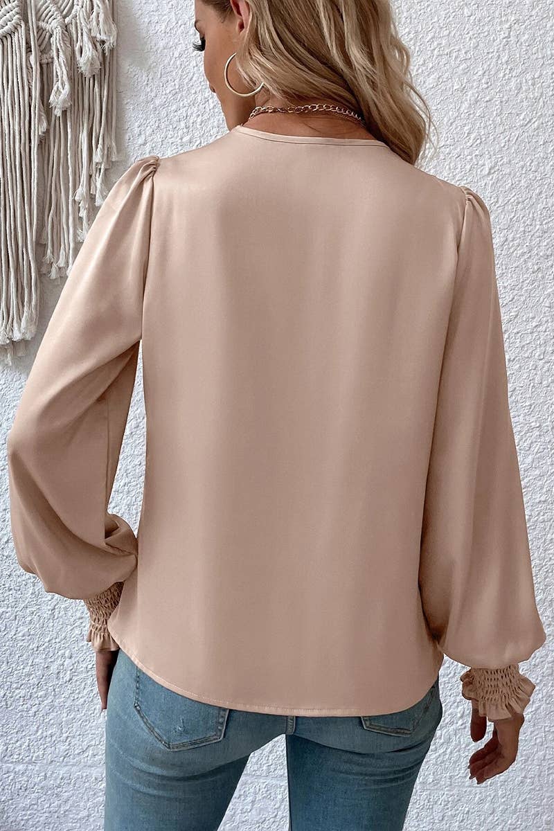 WOMEN CROSS WRAP RIBBED SLEEVE BLOUSE TOP: APRICOT