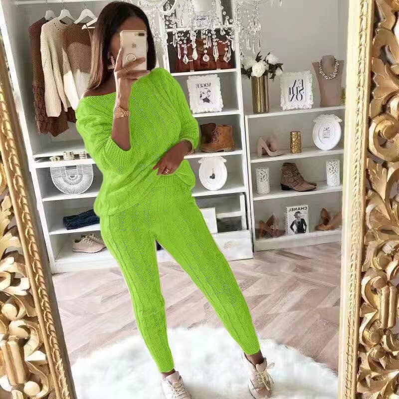 Cable Crew Neck Pullover Pants sweater Set: Green