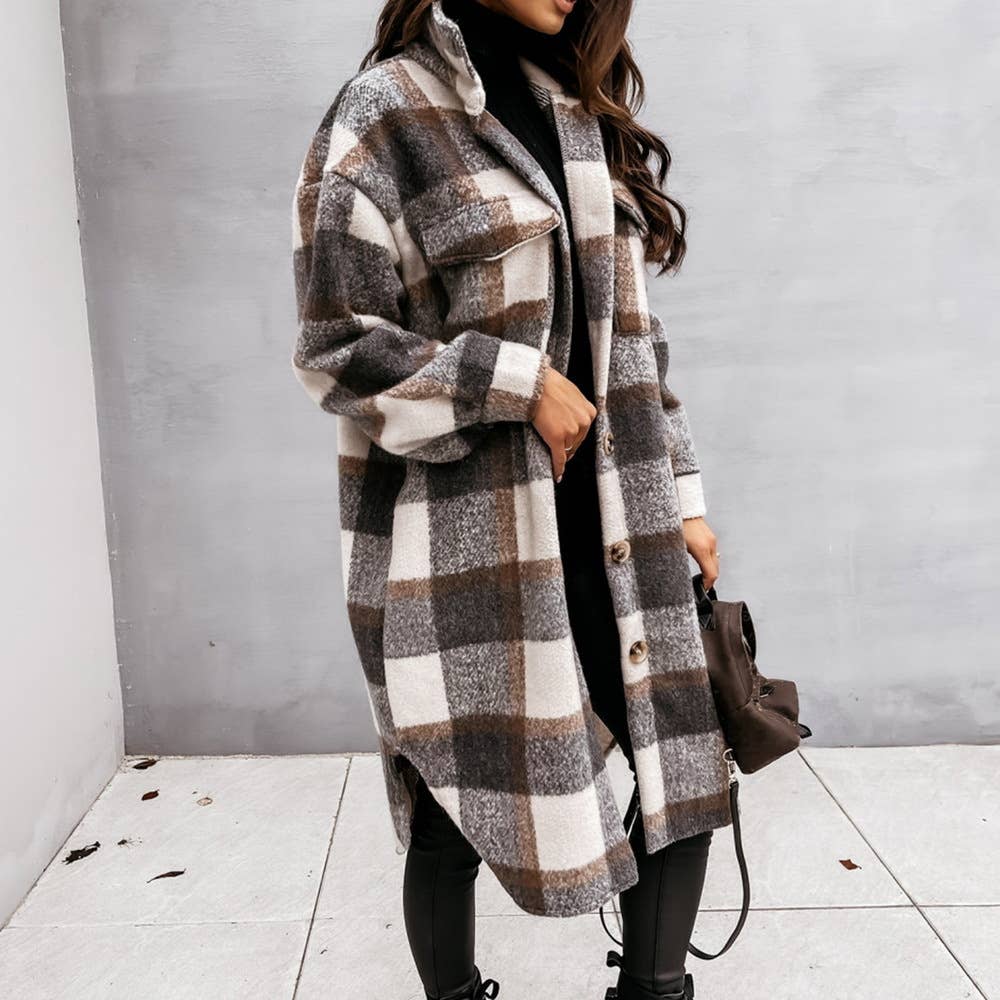 _Button Down Plaid Long Sleeve V-Neck Long Top: COFFEE