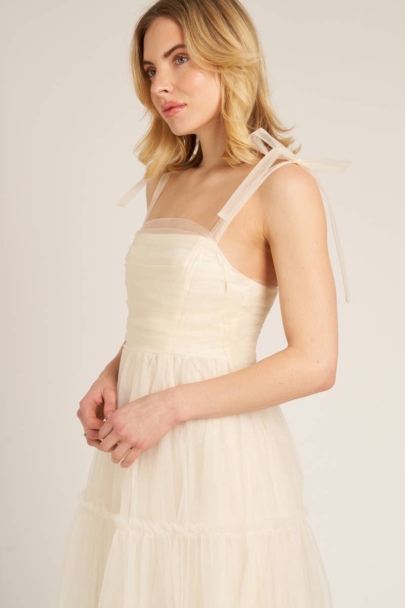 Sleeveless Tulle Tiered Maxi Dress: Cream