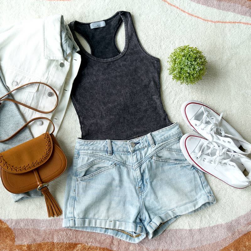 Mocha Washed Cotton Bodysuit w/ snap button closure:
