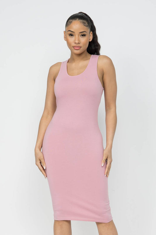 Cotton Spandex Solid Sleeveless Tank Bodycon Midi Dress: Mauve