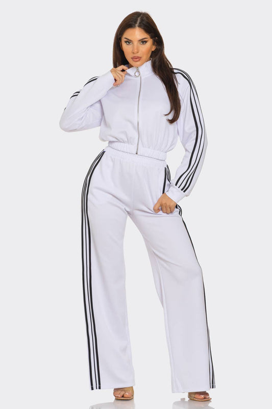 WHITE  Side Stripe Tapping Details Zip Up Jacket and Pant Set