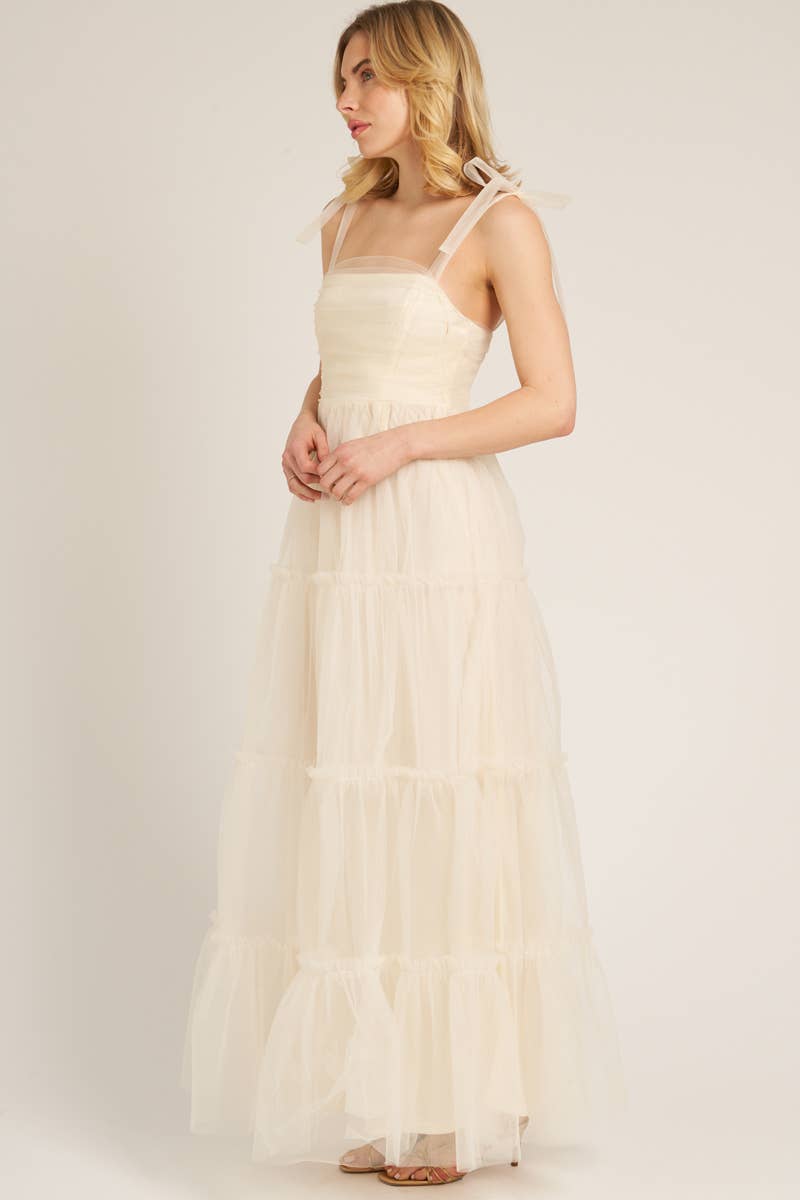 Sleeveless Tulle Tiered Maxi Dress: Cream
