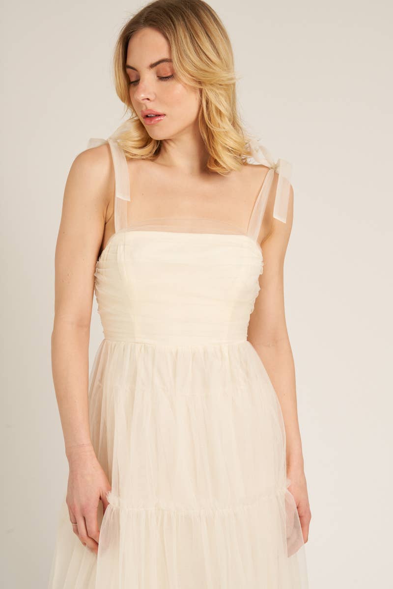 Sleeveless Tulle Tiered Maxi Dress: Cream