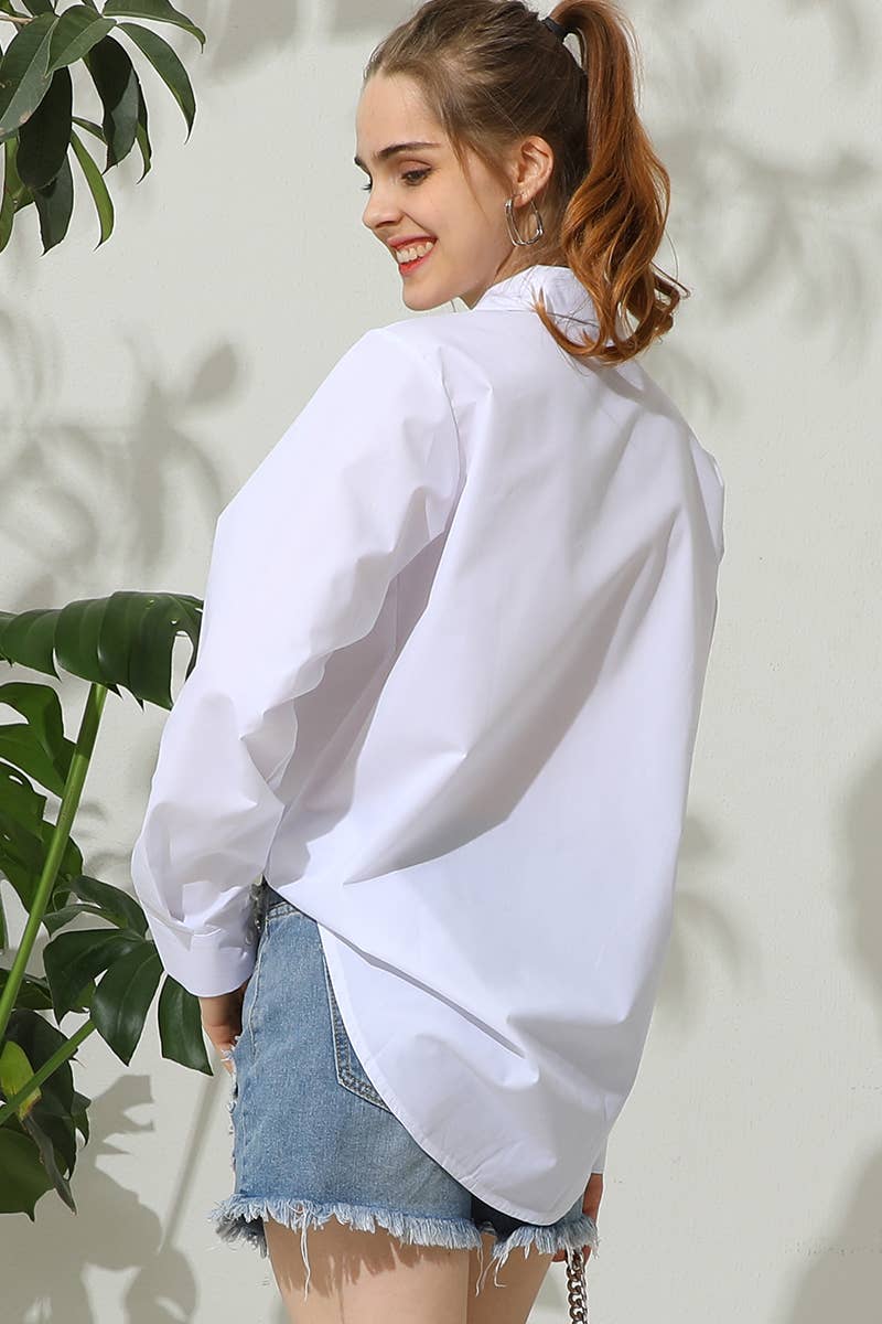 SOLID BOTTON DONW DOUBLE POCKET LONG SLEEVED SH: WHITE