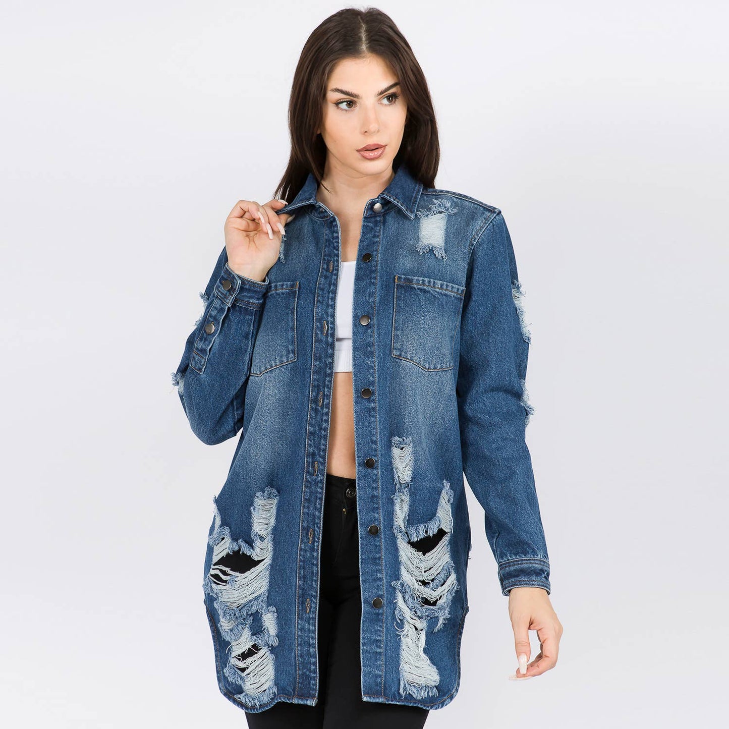 WHITE- LONG LENGTH DENIM SHIRTS JACKET