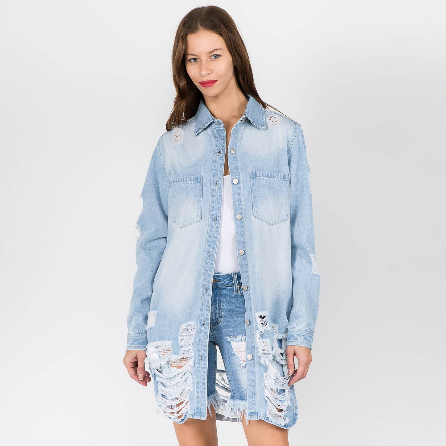 WHITE- LONG LENGTH DENIM SHIRTS JACKET