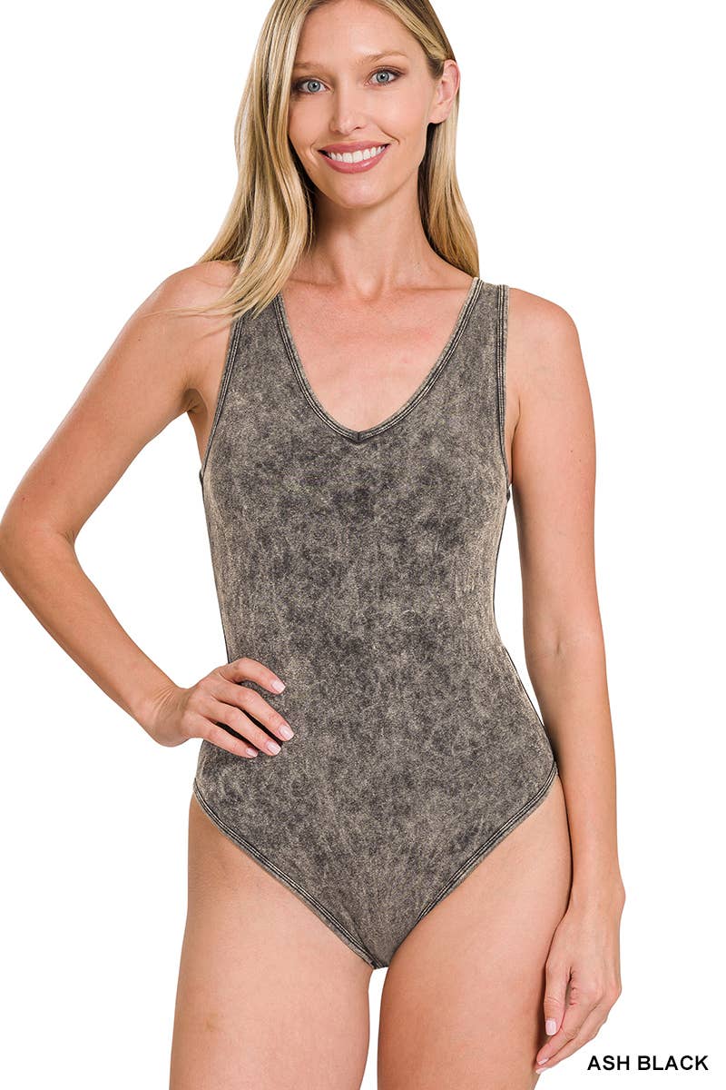 Mocha Washed Cotton Bodysuit w/ snap button closure: