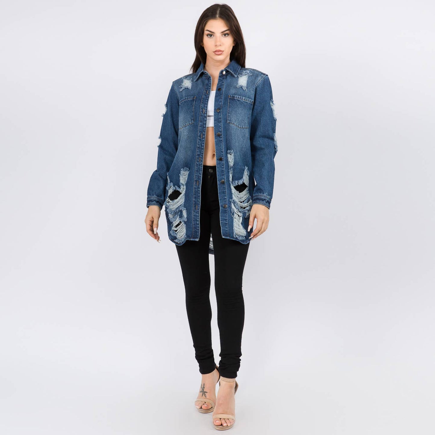 WHITE- LONG LENGTH DENIM SHIRTS JACKET