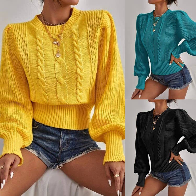 CWOSWL0805_ Long Sleeve Loose Neck Pullover Sweater: Yellow / (L) 1