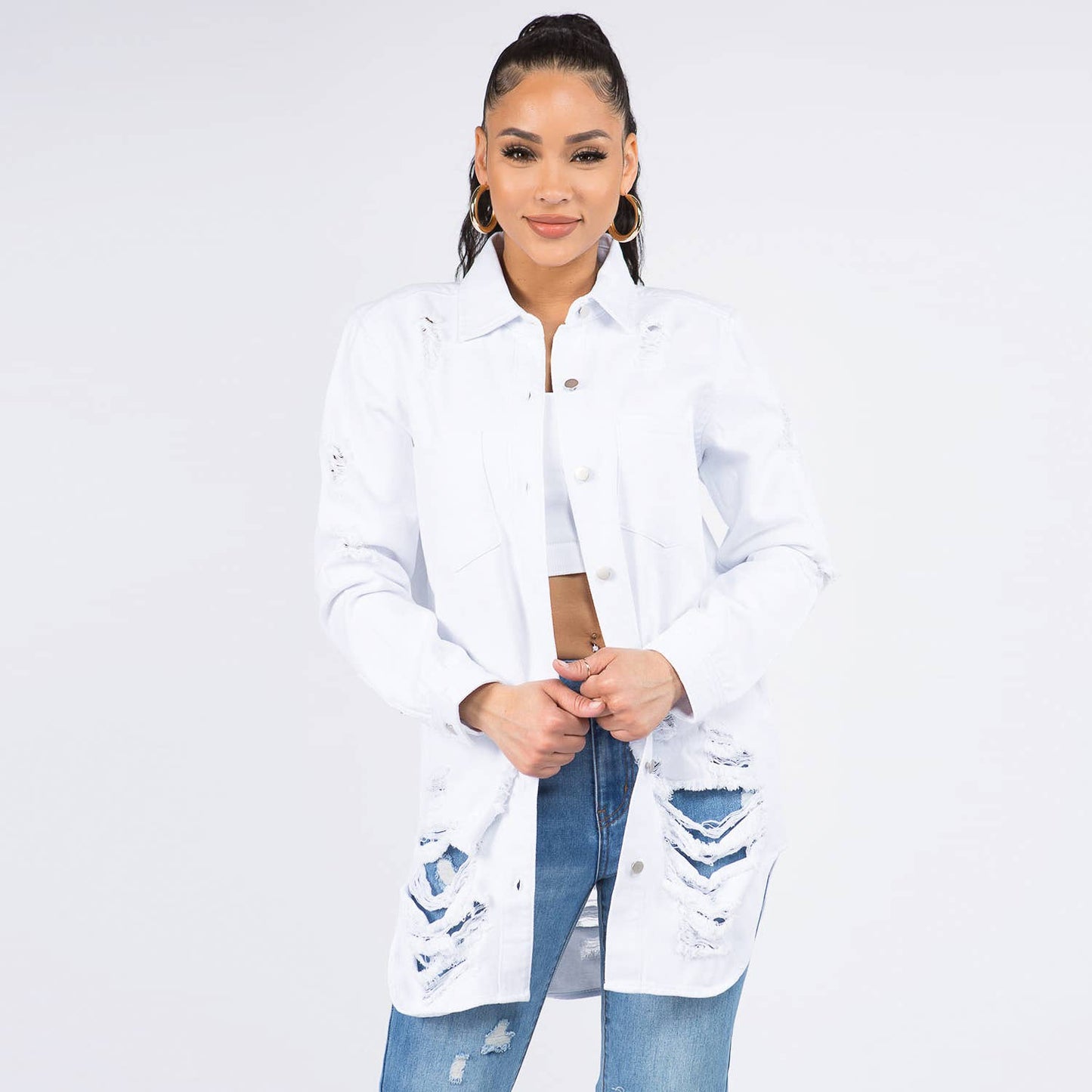 WHITE- LONG LENGTH DENIM SHIRTS JACKET