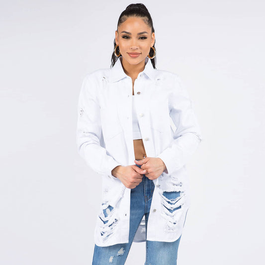 WHITE- LONG LENGTH DENIM SHIRTS JACKET