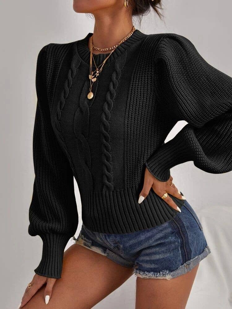 Long Sleeve Loose Neck Pullover Sweater: Black