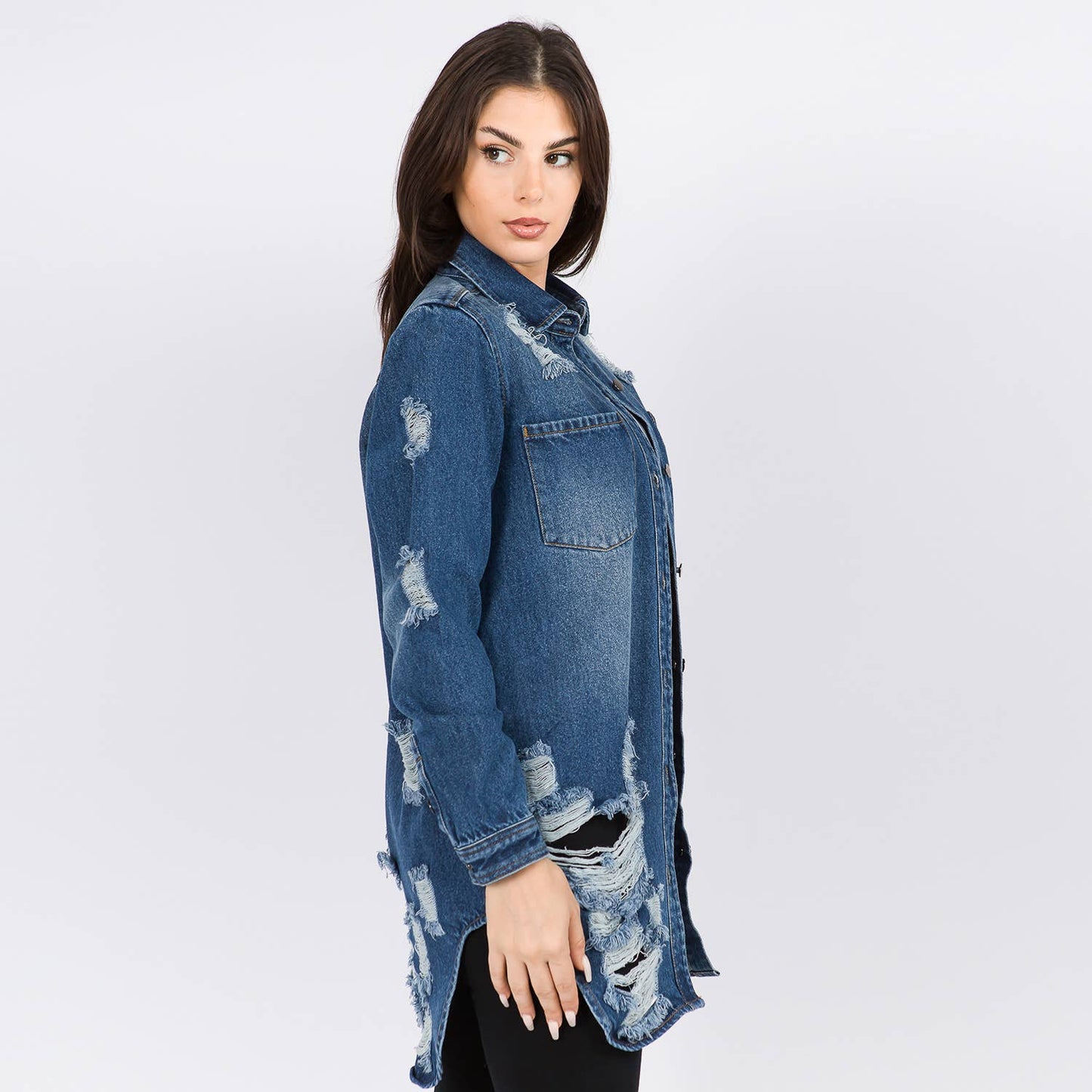 WHITE- LONG LENGTH DENIM SHIRTS JACKET