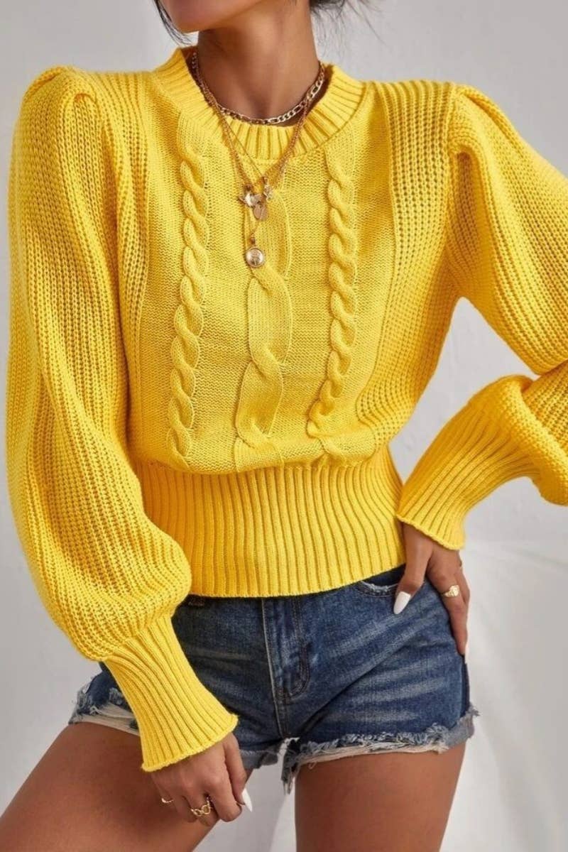 CWOSWL0805_ Long Sleeve Loose Neck Pullover Sweater: Yellow / (L) 1