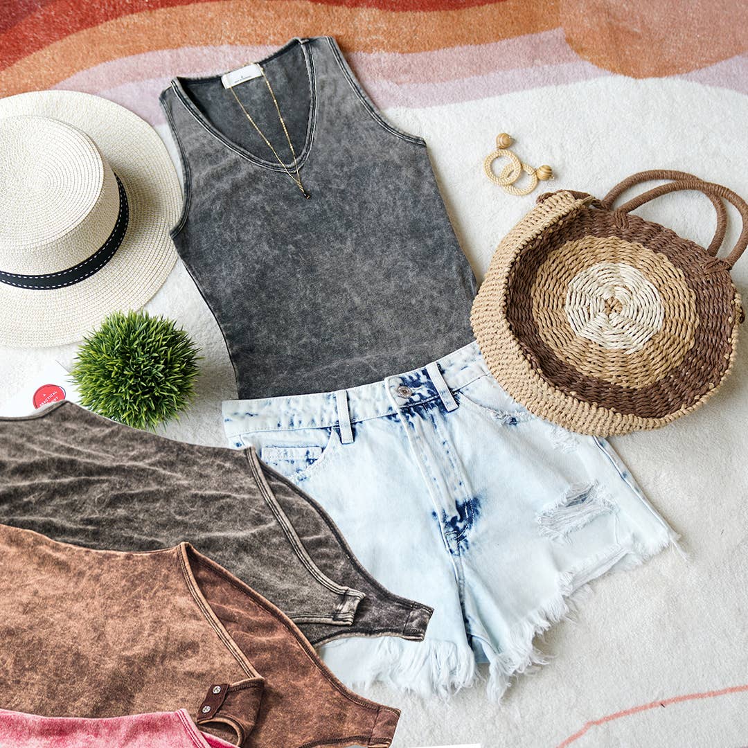 Mocha Washed Cotton Bodysuit w/ snap button closure:
