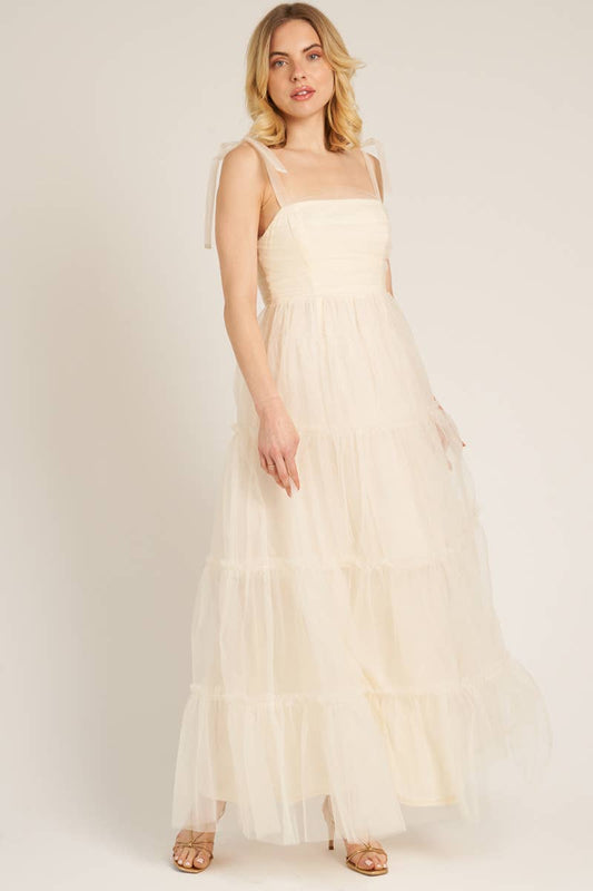 En Crème - Sleeveless Tulle Tiered Maxi Dress: Cream / L